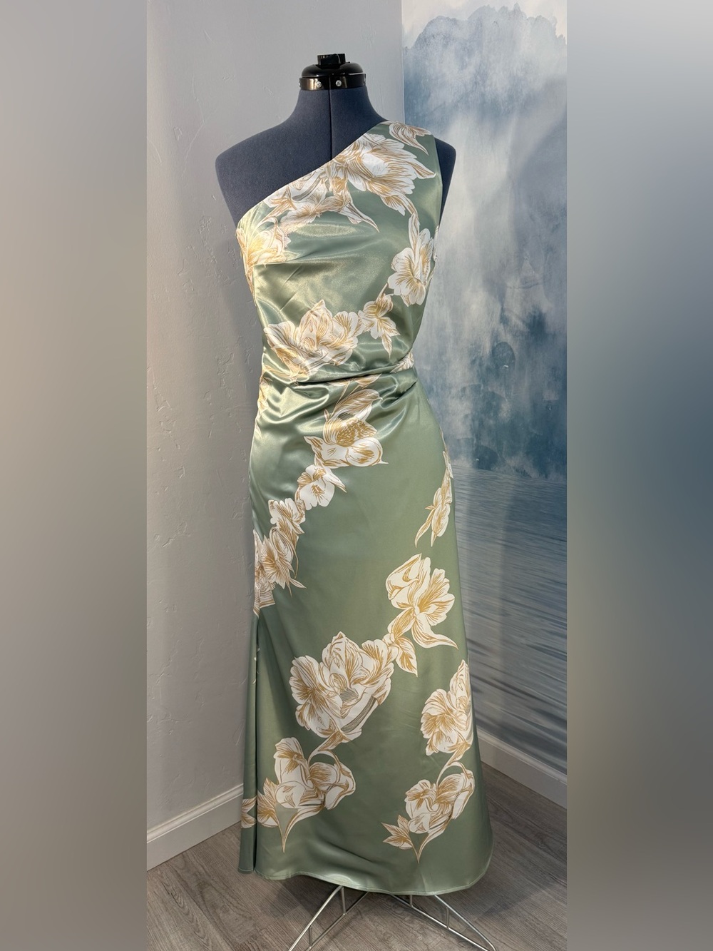 Fehaute One-Shoulder Sage Green Floral Satin Maxi Dress 343